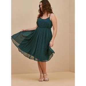 Teal Polka Dot Chiffon Pleated Midi Dress